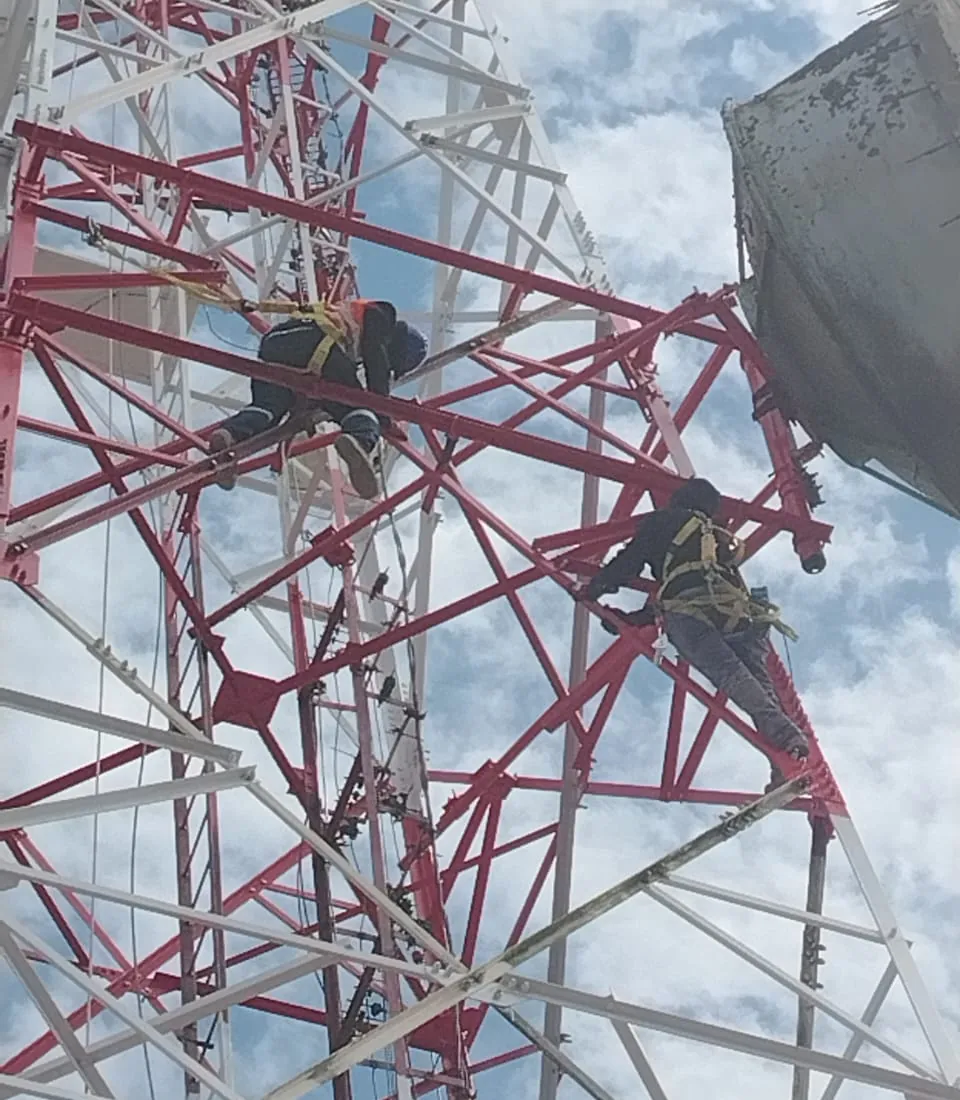 Dos técnicos con arnés trabajando dentro de la celosía de una torre, junto a una antena de microondas.